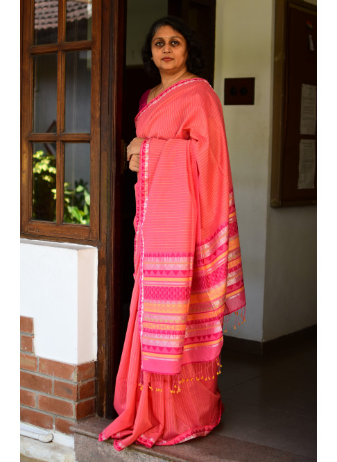 Pink, Handwoven Organic Cotton, Plain Weave , Jacquard, Work Wear, Striped Saree